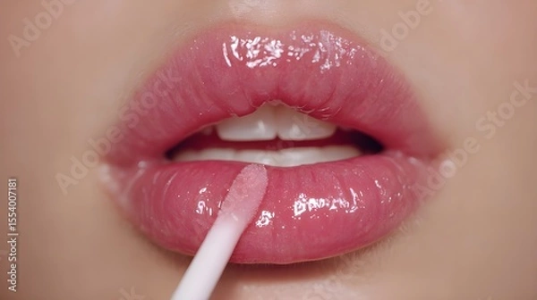 Fototapeta Close-up of Glossy Lips Applying Pink Lip Gloss with Applicator, Cosmetic Beauty Make up Background