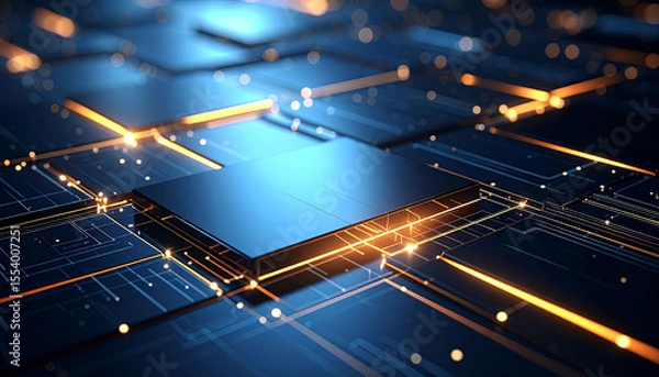 Fototapeta Abstract digital rendering of a network of glowing blue and orange circuit boards, with a central, dark rectangular component