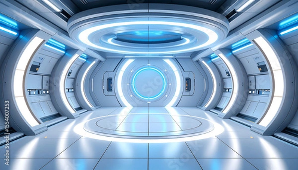 Fototapeta Futuristic, sleek white corridor with glowing blue circular accents, reflective floors, and smooth, curved walls, creating a clean, high-tech aesthetic