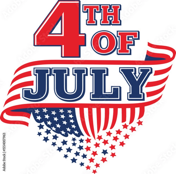 Fototapeta A patriotic graphic for the "4th of July" featuring bold red and blue text, a flowing American flag ribbon, and a fanned arrangement of red and blue stars, all on a white background.