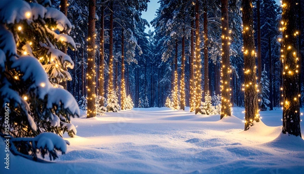 Fototapeta Snow-covered pine forest path illuminated by warm fairy lights strung on trees, creating a magical winter wonderland scene