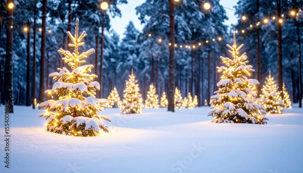 Fototapeta Snow-covered Christmas trees illuminated with warm fairy lights in a serene winter forest at twilight