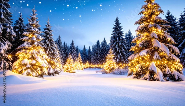 Fototapeta A snowy forest path lined with snow-covered evergreen trees adorned with warm, golden Christmas lights under a twilight sky dotted with stars