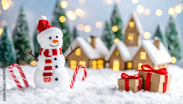 Fototapeta Festive snowman with candy canes stands in snowy scene before miniature Christmas village with glowing windows and gift boxes