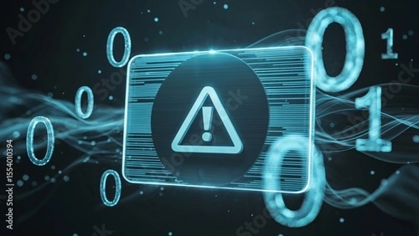 Fototapeta Futuristic security screen with glowing blue warning triangle and floating binary code in a digital system alert environment