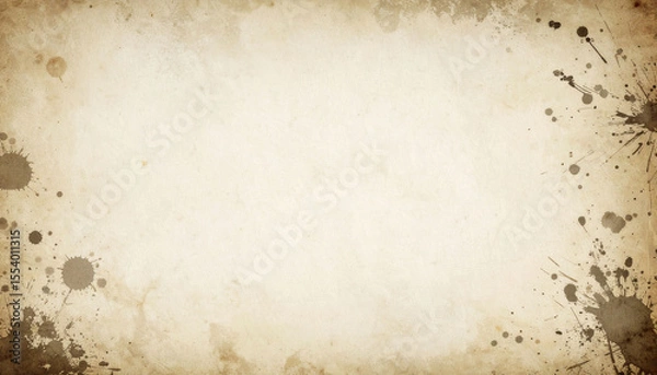 Fototapeta Aged parchment texture with dark ink splatters concentrated at the edges, leaving a central off-white area for text or design