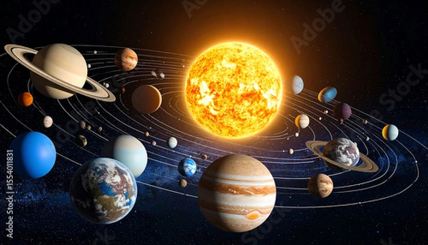 Fototapeta A vibrant depiction of our solar system, showcasing the sun at its center and planets orbiting in elliptical paths, against a dark space background, 