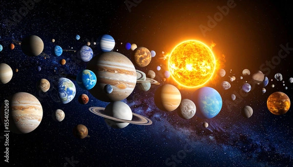 Fototapeta A vibrant depiction of the solar system, showcasing the sun's radiant energy and planets of varying sizes, colors, and ring systems against a backdrop of cosmic dust and stars