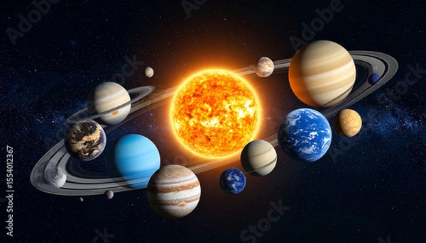 Fototapeta A vibrant depiction of our solar system, showcasing the sun and its eight planets, each with unique textures and colors, orbiting within a dark, star-studded cosmos.  