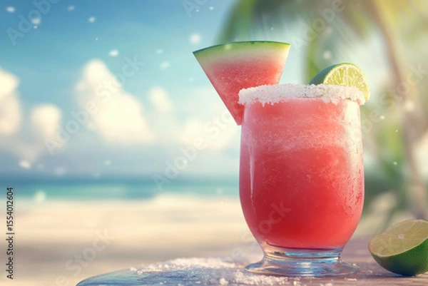 Fototapeta Close-up of a frosty watermelon margarita. showcasing a vibrant red hue and refreshing texture. Concept of summer drink, refreshment and indulgence.