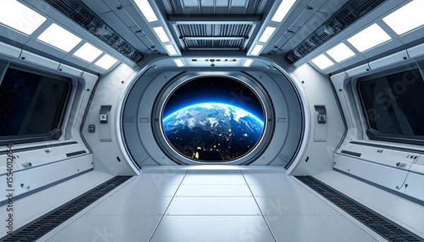 Fototapeta Futuristic spaceship corridor with a large circular window showcasing a vibrant Earth at night.  Clean, white interior design with subtle metallic accents