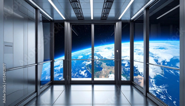 Fototapeta Futuristic elevator cabin with panoramic Earth view from large windows; sleek metallic walls and floor