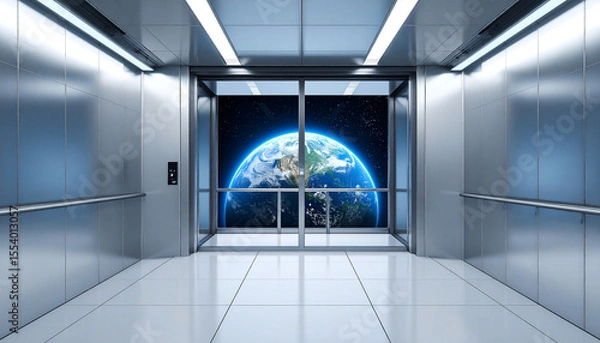 Fototapeta A futuristic elevator with open doors reveals a breathtaking view of Earth from space, bathed in the soft glow of stars.  The sleek, metallic interior reflects the celestial scene