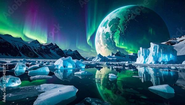 Fototapeta Arctic landscape with vibrant aurora borealis flanking a large, teal-green planet rising above icy mountains and calm, reflective waters scattered with ice floes