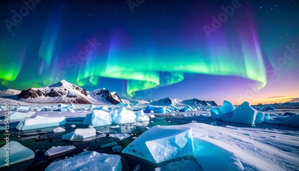 Fototapeta Vibrant aurora borealis arcs over a serene arctic landscape of snow-covered mountains, ice floes, and dark, still water reflecting the celestial display