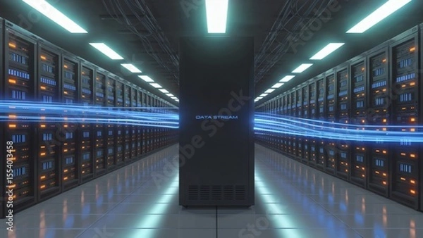 Fototapeta High-tech 3d server tunnel with motion-blurred data streams and glowing blue-orange lighting in a cyberpunk digital infrastructure