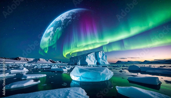 Fototapeta A surreal nightscape featuring a vibrant aurora borealis arching over a partially visible Earth, set against a backdrop of an icy arctic landscape