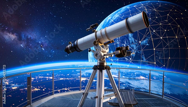 Fototapeta A refracting telescope on a high balcony overlooks a night-time Earth, overlaid with a network of interconnected nodes, against a backdrop of stars and the Milky Way