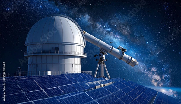 Fototapeta A large, white observatory dome with attached telescope, rests atop a field of solar panels against a backdrop of a vibrant, star-filled night sky showcasing the Milky Way galaxy