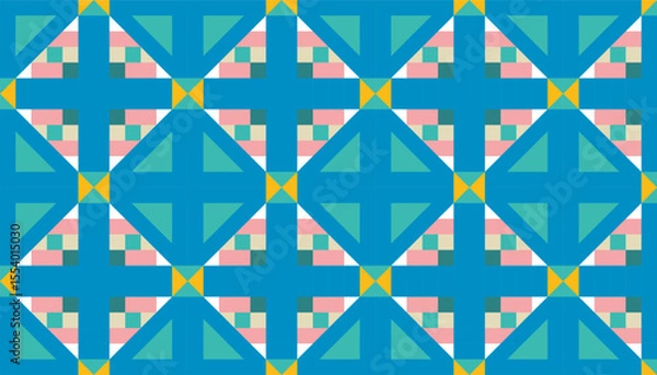Fototapeta Colorful geometric pattern featuring overlapping triangles, squares, and rectangles in shades of blue, yellow, green, and pink. The bold composition creates a dynamic, seamless textile-style design