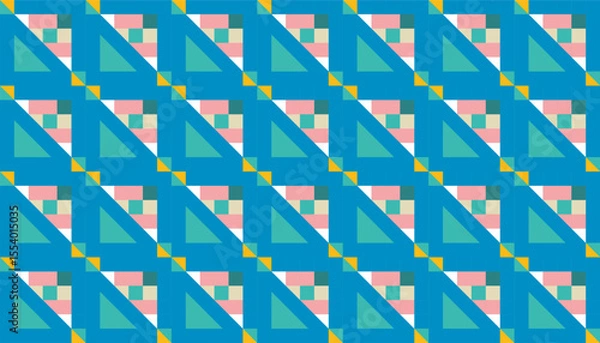 Fototapeta Colorful geometric pattern featuring overlapping triangles, squares, and rectangles in shades of blue, yellow, green, and pink. The bold composition creates a dynamic, seamless textile-style design