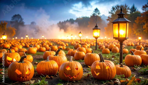 Fototapeta Jack-o'-lanterns illuminate a pumpkin patch at dusk