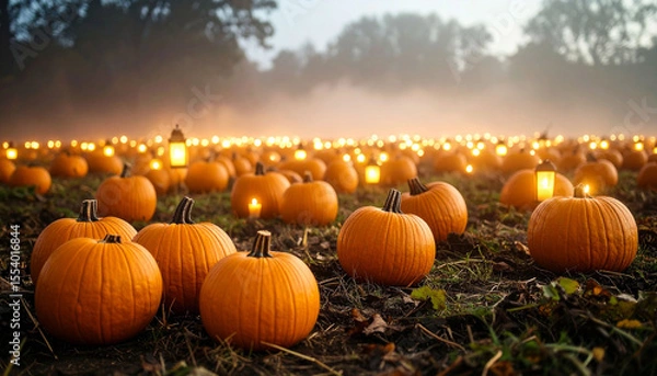 Fototapeta A misty autumn field, numerous pumpkins illuminated by softly glowing lanterns, creating a magical, enchanting scene