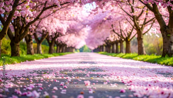 Fototapeta Pink cherry blossoms carpet a pathway