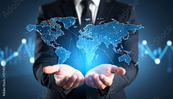 Fototapeta A man in a suit holds his open palm over which a digital line map of continents floats, with a linear growth chart overlaid on top