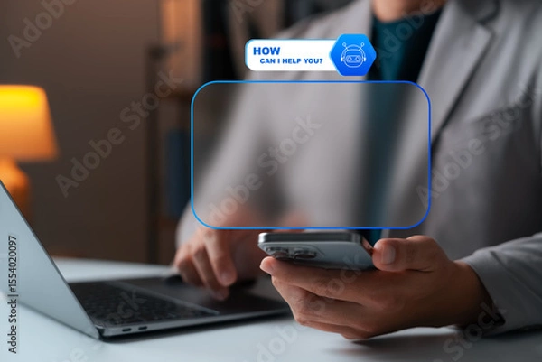 Fototapeta AI driven customer service, businessman using smartphone with virtual chatbot message interface, symbolizing intelligent support, automation, and digital assistance in modern business settings.