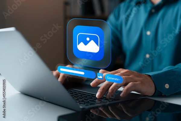 Fototapeta AI image generate on desktop, businessperson using laptop with virtual interface and generate button, symbolizing artificial intelligence, creative automation, and digital design innovation.