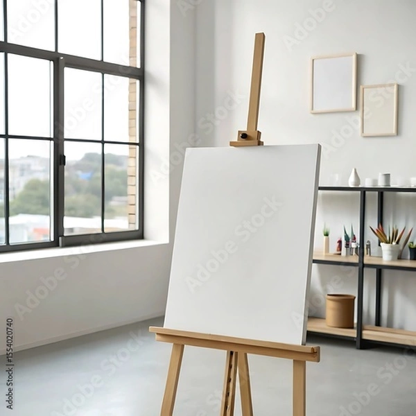 Obraz An empty canvas on an easel in a well-lit art studio with large windows.
