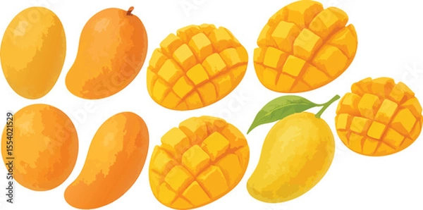 Fototapeta Hand-Painted Watercolor Mango Fruit Collection Whole and Sliced Tropical Fruit Isolated on Transparent Background for Packaging, Labeling, and Culinary Design | Generative AI