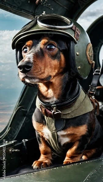 Obraz Dog Aviator in Airplane Cockpit with Goggles and Helmet