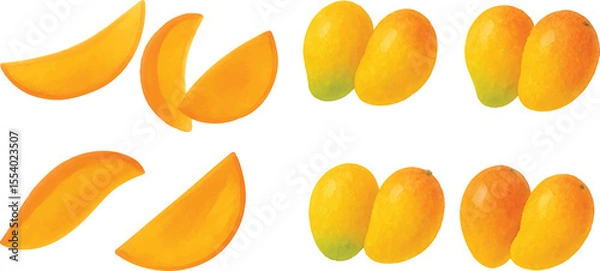 Fototapeta Hand-Painted Watercolor Mango Fruit Collection Whole and Sliced Tropical Fruit Isolated on Transparent Background for Packaging, Labeling, and Culinary Design | Generative AI