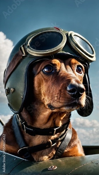 Obraz Dog Aviator in Airplane Cockpit with Goggles and Helmet