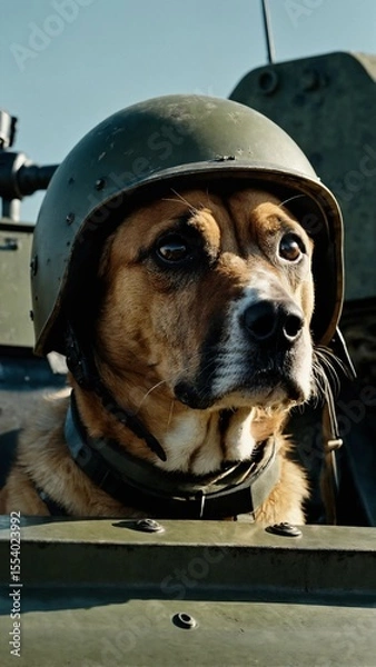 Obraz Military Dog in Armored Vehicle Wearing Tactical Helmet