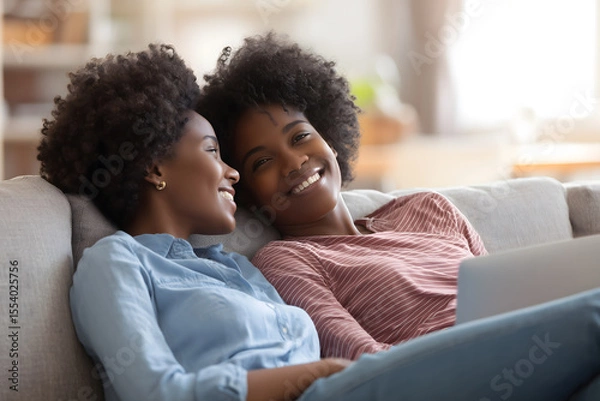 Fototapeta Two women relaxing on couch, sharing smiles and laughter, enjoying cozy moment together