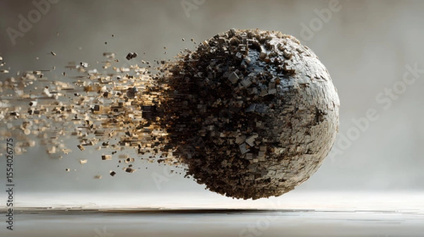 Fototapeta Image depicts spherical object composed of numerous small cubes, with some cubes breaking away and dispersing into air, creating dynamic