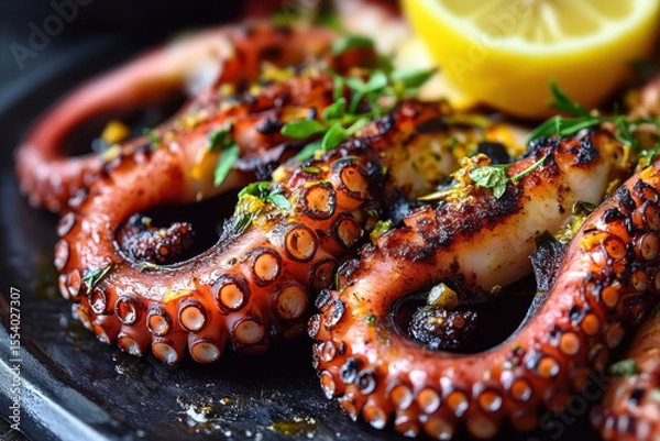 Fototapeta Close-up of grilled octopus tentacles charred to perfection, garnished with fresh lemon slices and green herbs on a rustic plate. Concept of seafood cuisine, culinary art and fine dining.