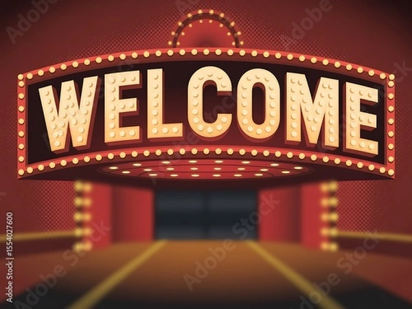Fototapeta Vintage marquee sign with welcome text and illuminated bulbs
