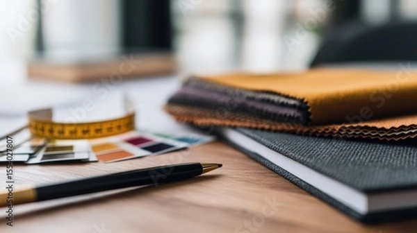 Fototapeta Close-up of fabric swatches, color samples, and measuring tape on a wooden workspace table