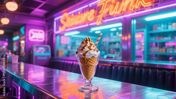 Obraz Ice Cream Dessert Under Neon Lights