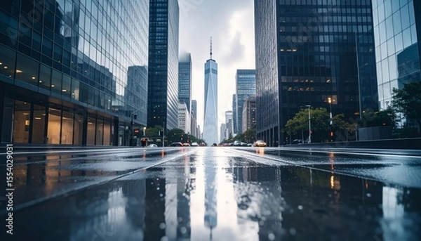 Fototapeta Modern city scene featuring tall buildings reflected on a wet street after a recent light rainfall.
