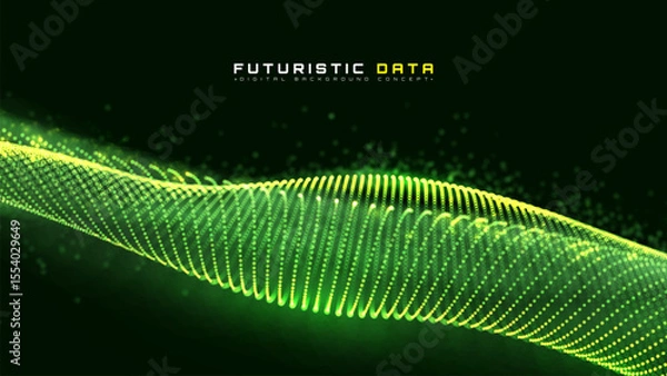 Fototapeta Futuristic Green Data Wave, Abstract Big Digital Glow, AI Helix Particle, Neon Matrix Sound Waveform Banner, Sound Tech Vibration Curve. Vector illustration.