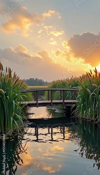 Obraz A serene sunset over a wooden bridge crossing a calm waterway, surrounded by tall green reeds.