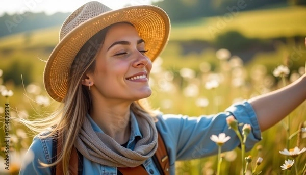 Obraz A young woman wearing a hat and scarf enjoys a sunny day in a blooming meadow, smiling with eyes closed amidst wildflowers.