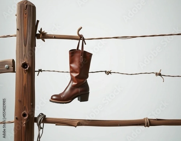 Obraz A single brown leather boot hangs from a rustic wooden post wrapped with barbed wire against a plain background.