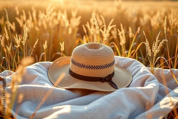 Obraz A straw hat rests on a blanket in a sunlit golden wheat field during sunset, evoking a peaceful and rustic countryside atmosphere.