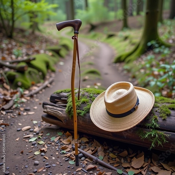 Obraz A walking cane and a straw hat rest on a mossy log beside a forest trail lined with trees and scattered leaves.